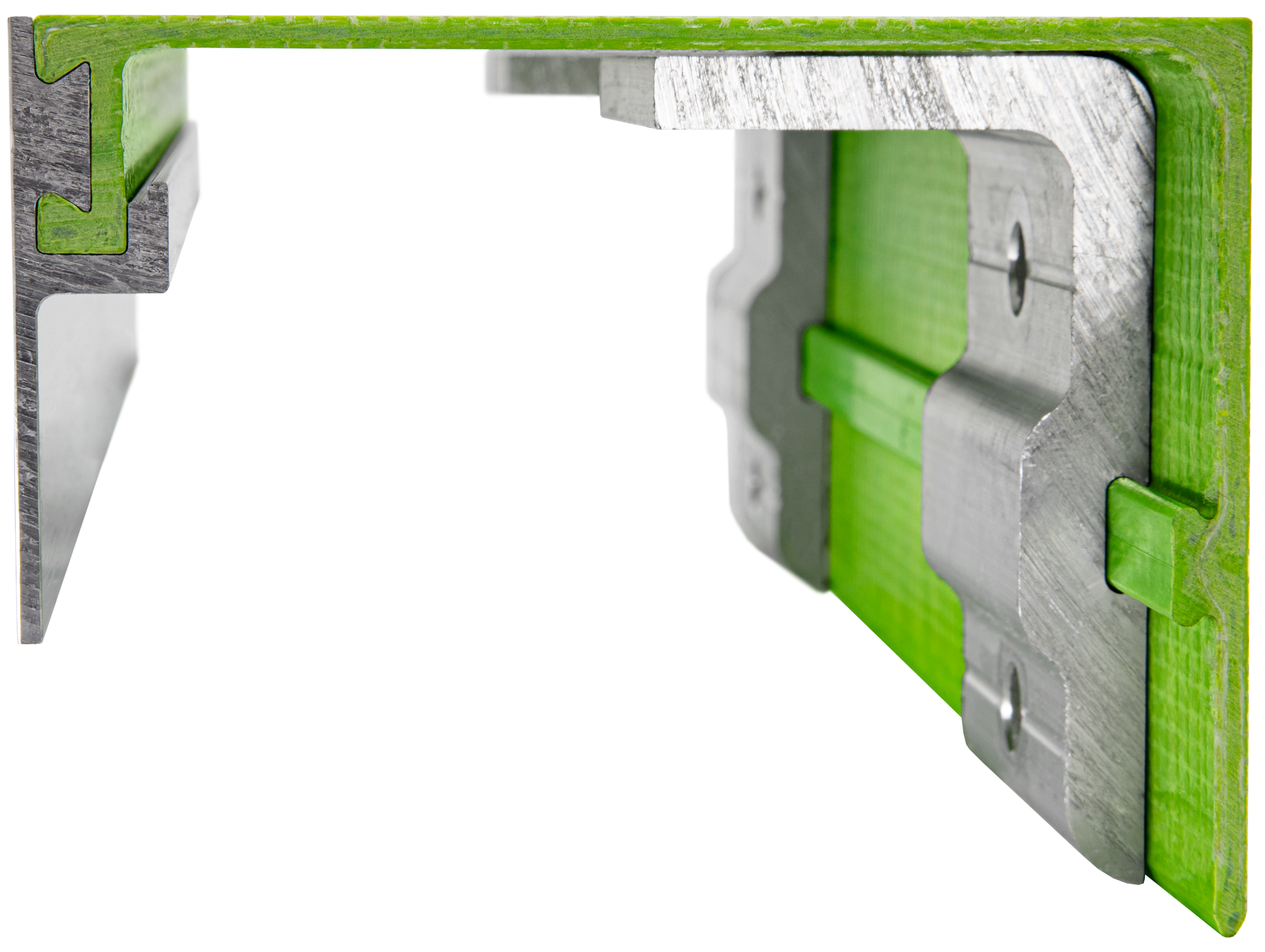 The full integration of the GreenGirt CMH XO system’s modular sill component, with the forward-facing aluminum flange insert and two dead load clips attached to the composite fiberglass sill (with integrated rail) before installation.