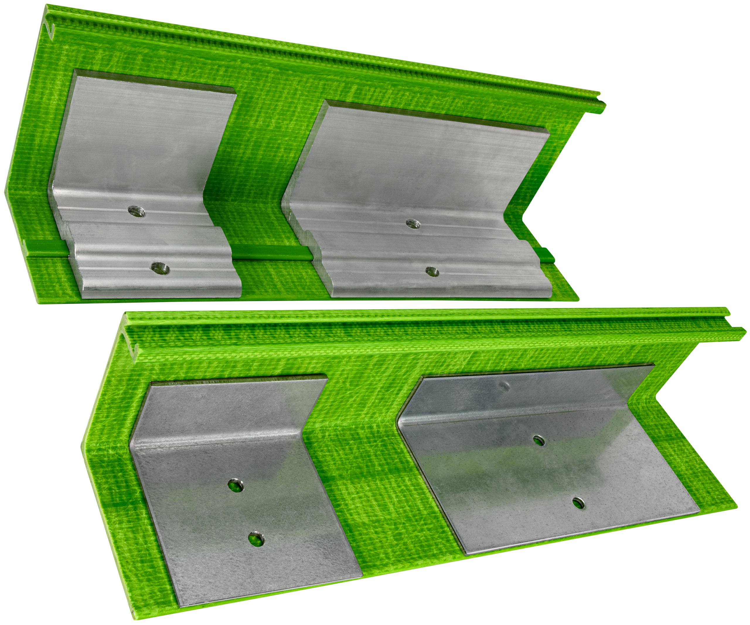 An underside view of the dead load clip options available for installation with the composite fiberglass sill component of the GreenGirt CMH XO system, customizable for sills with integrated rails and aluminum dead load clips (top) or with a smooth sill plate and galvanized dead load clips (bottom).