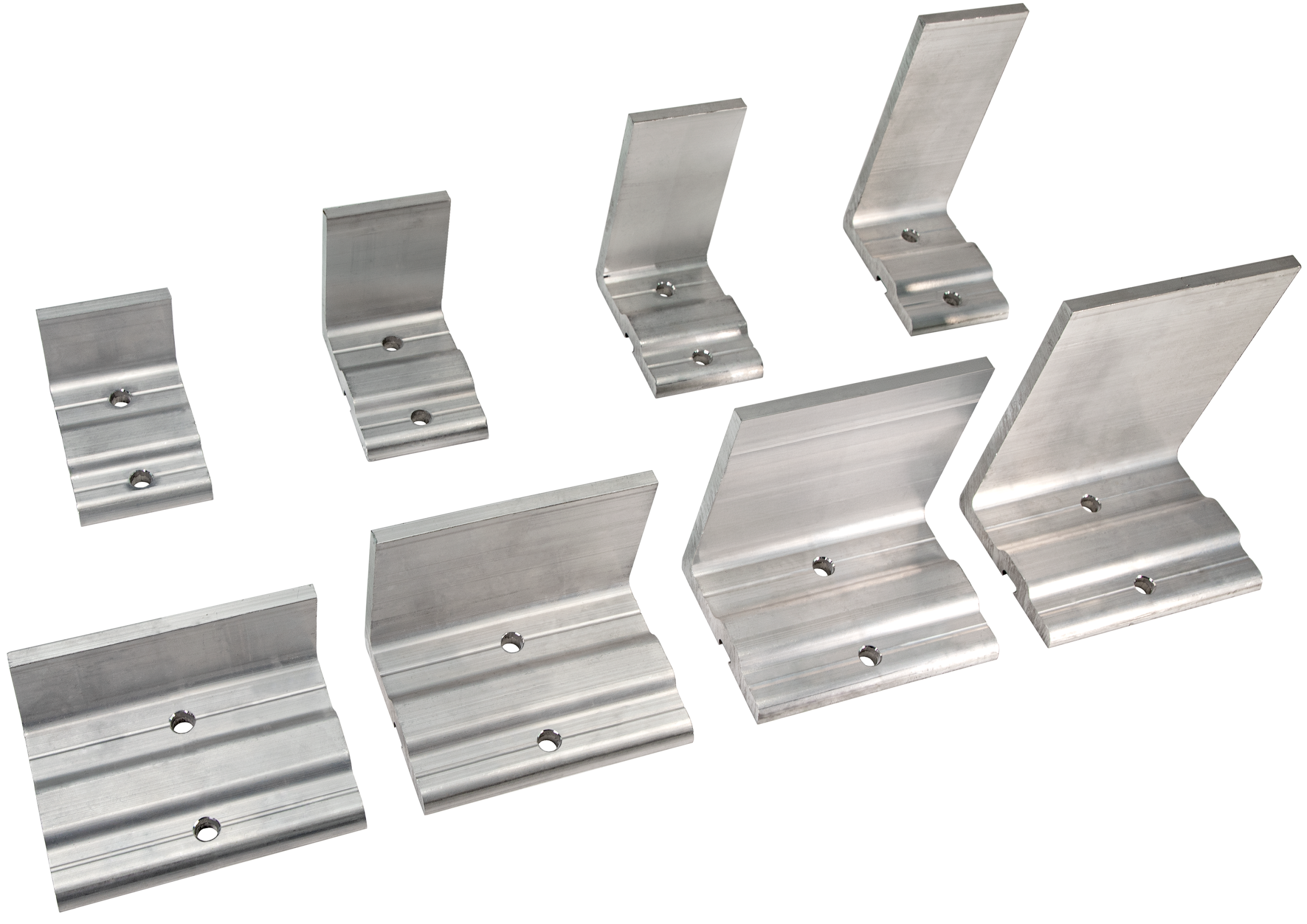 The different sizes available for GreenGirt CMH XO’s aluminum dead load clips—providing varying capacity, sizing, and spacing options to meet project-specific structural requirements based on window size, type, etc.; engineering/design included with every GreenGirt CMH XO order.