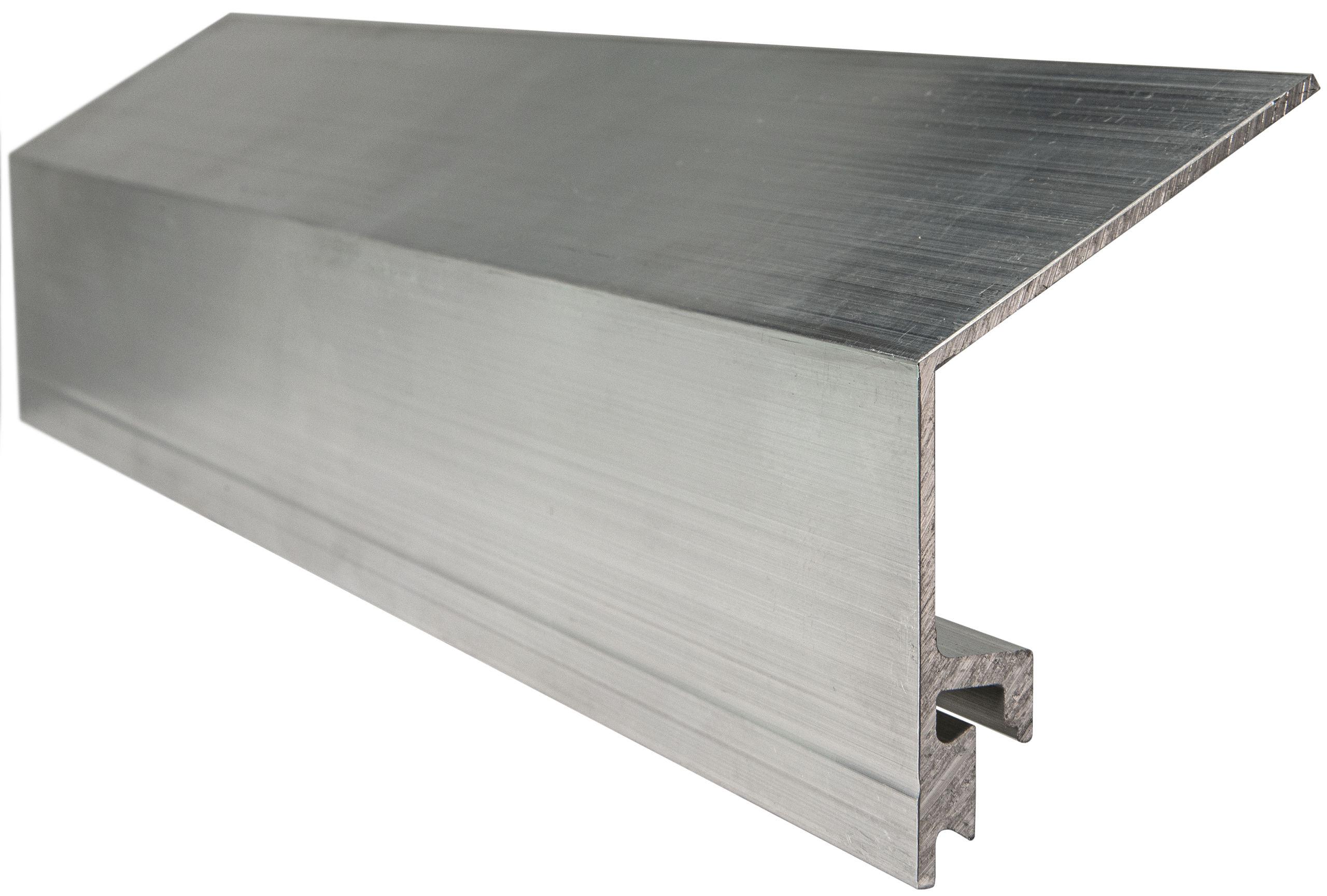 The modular aluminum header angle flange insert for GreenGirt CMH XO separate from the composite fiberglass base, designed to eliminate water intrusion and direct water away from the header.