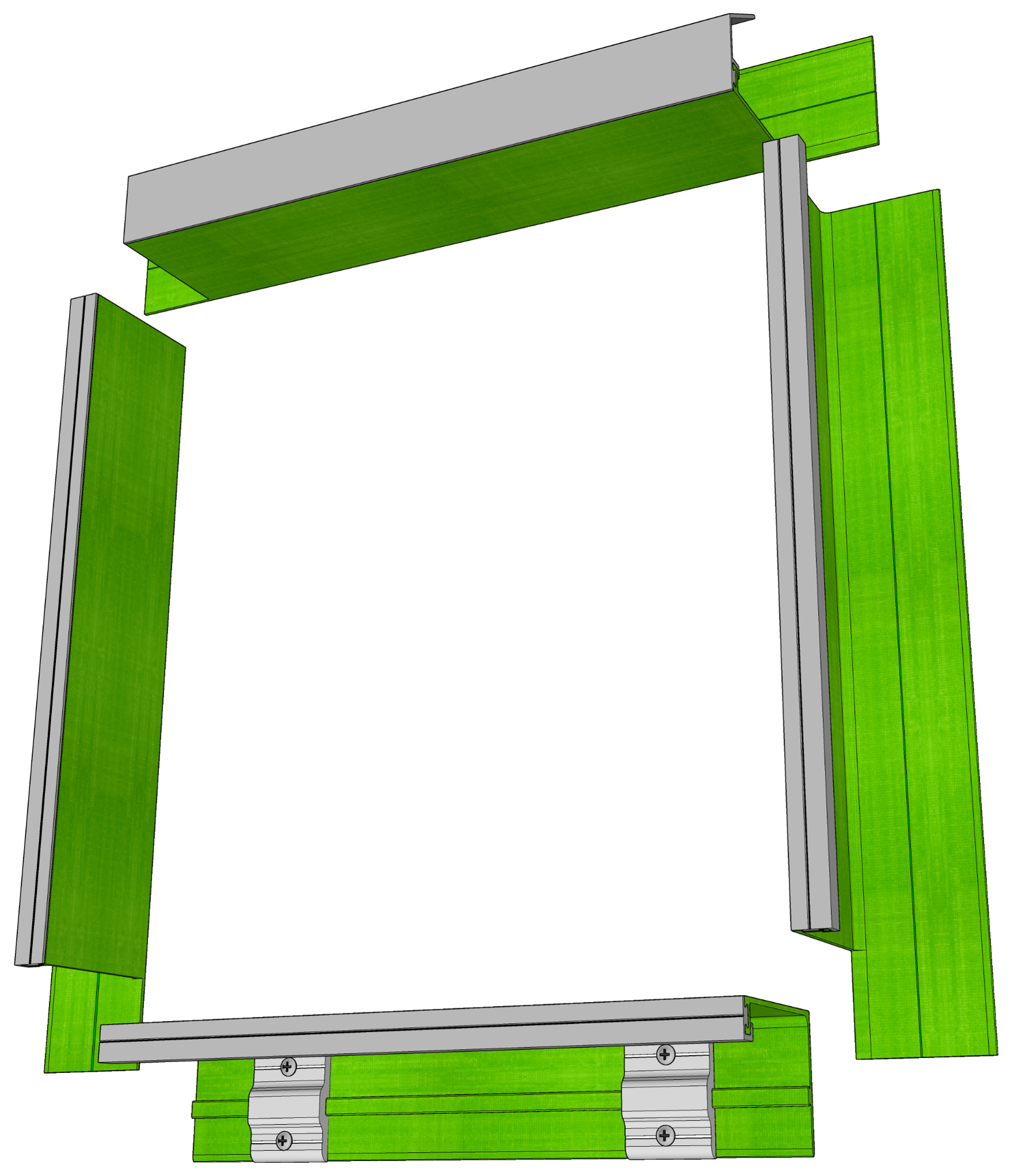 The full set-up of the GreenGirt CMH XO structural thermal framing system for windows, consisting of modular composite fiberglass header, sill, and jambs, with aluminum flange components and dead load clips, prior to installation showcasing how the different components will fit together.