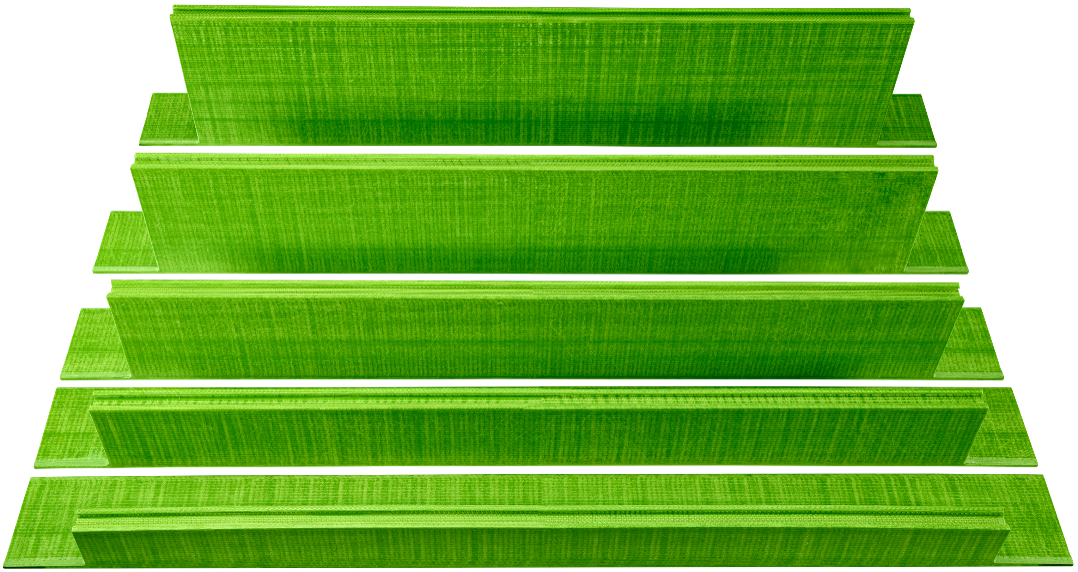 The composite fiberglass header component of the GreenGirt CMH XO system, prior to installing the aluminum header angle or header flange, with options for various depths of 2, 3, 4, 5, and 6 inches, for a fully aligned, high-performance frame.