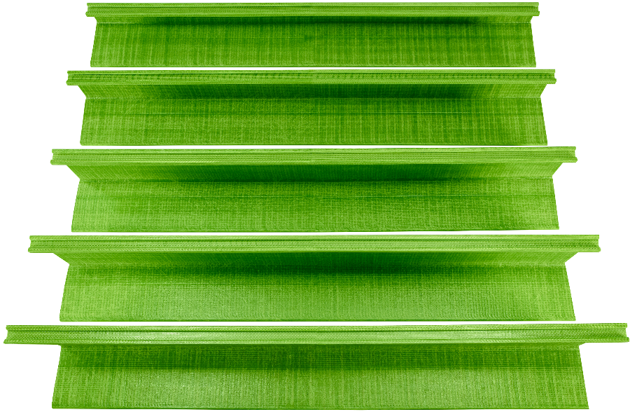 The composite fiberglass sill component (without standard integrated sill) of the GreenGirt CMH XO system, prior to installing modular aluminum flanges and dead load clips, demonstrating the various depth options in 2, 3, 4, 5, and 6 inches.