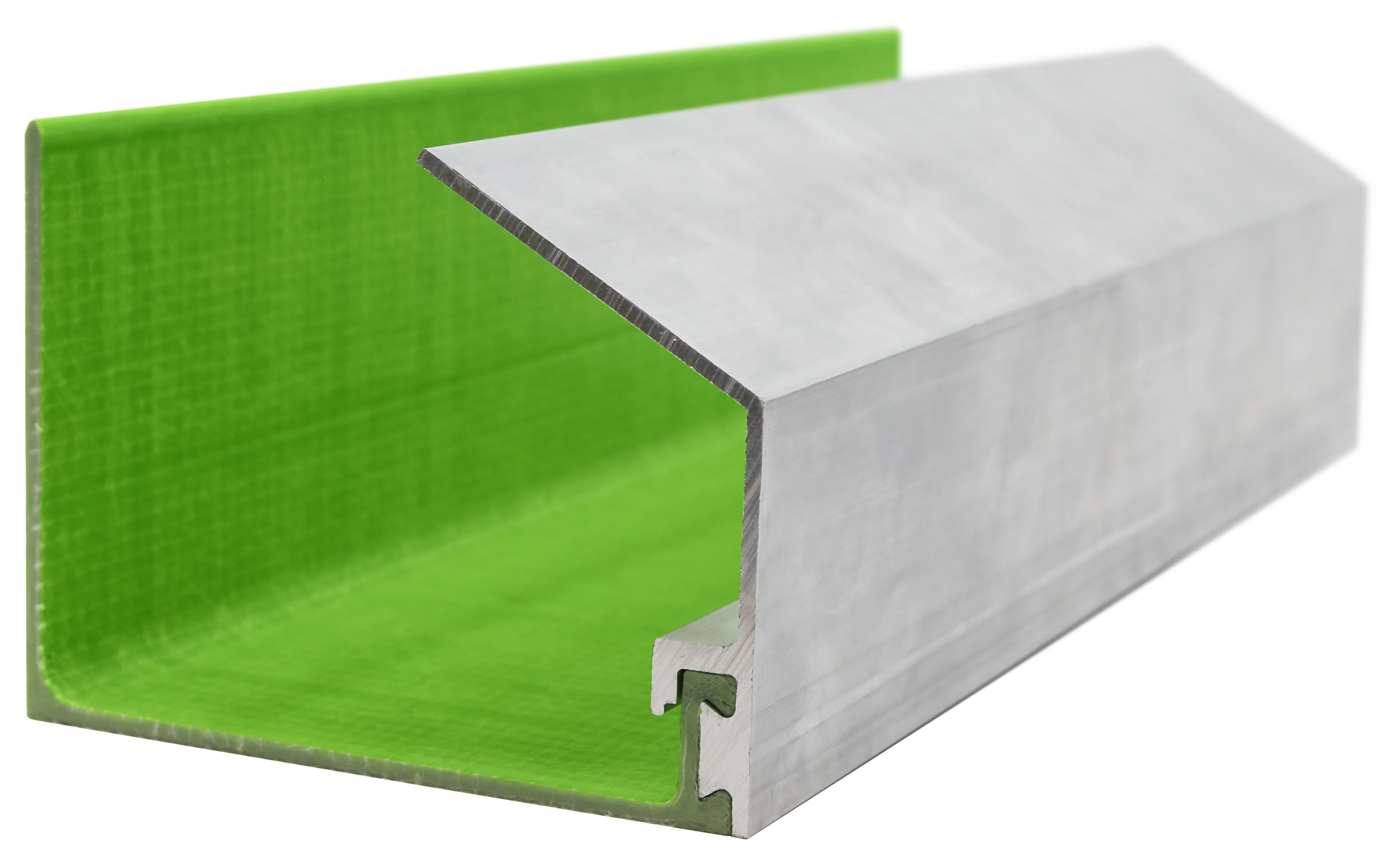 A section of the GreenGirt CMH XO system’s header with the modular aluminum header angle insert attached to the composite fiberglass base, ready for installation