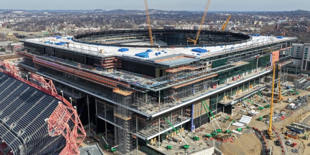 Aerial view of the new Nissan Stadium under construction with GreenGirt Max CMH continuous insulation.