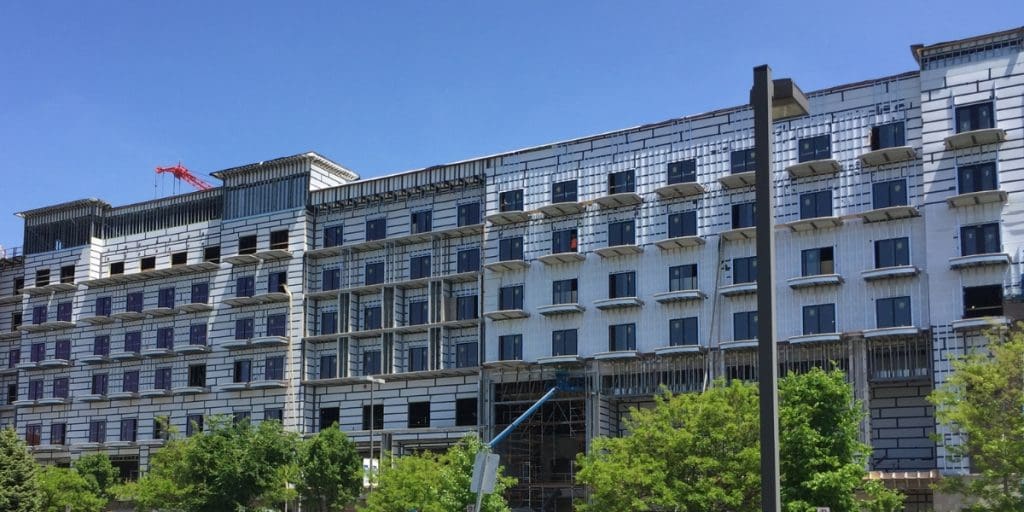 The exterior of the Embassy Suites by Hilton in Grand Rapids, Michigan while under construction.