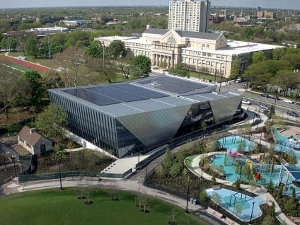 Aerial view of the Home Court at the Obama Presidential Center, built with the GreenGirt Max CMH continuous insulation system.