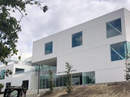 Completed Saddleback College Math and Computer Science building with stone veneer over the SMARTci building enclosure system.